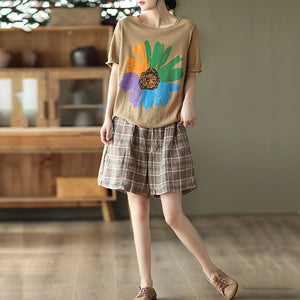Quần sooc linen sọc caro lưng thun dây rút  - NU7069