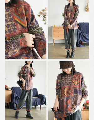 Áo len cashmere dài tay cổ tròn hoa văn thổ cẩm - NU8132