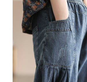Quần baggy denim lưng thun xếp ly gấu túm - NU6685