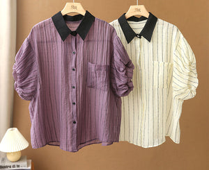 Áo sơ mi linen ngắn tay cổ pipi kẻ sọc bằng chữ - NU7391