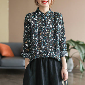 Áo sơ mi linen dài tay cổ pipi xếp ly in hoa nhí - NU6693
