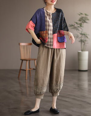 Quần baggy linen lưng thun ống túm thêm hoa lá - NU6990