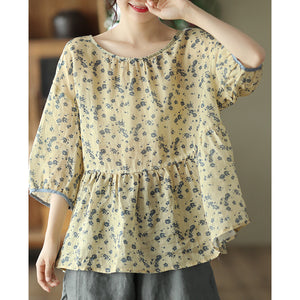 Áo T-shirt linen ngắn tay cổ tròn thắt nơ sau in hoa lá - NU7406