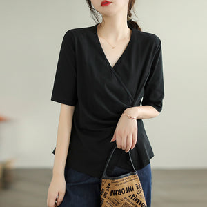 Áo T-shirt ngắn tay cổ V vạt chéo xếp ly - NU8303