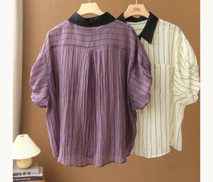 Áo sơ mi linen ngắn tay cổ pipi kẻ sọc bằng chữ - NU7391