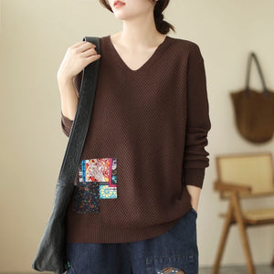 Áo len đan dài tay cổ V và mảng màu - NU7846