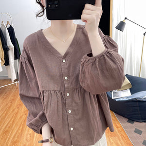 Áo sơ mi linen dài tay cổ V kiểu bo tay - NU8458