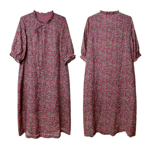 Đầm liền linen ngắn tay cổ tròn xếp ly in hoa liti - NU8275