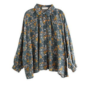 Áo sơ mi linen dài tay cổ pipi xếp ly in hoa liti  - NU6719