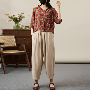 Áo sơ mi tay lửng cổ V in hoa văn retro - NU8555