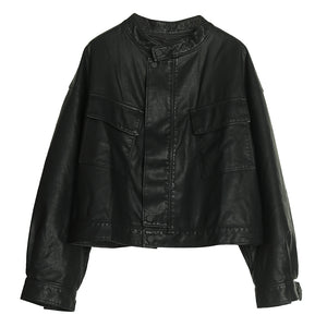Áo khoác da croptop cổ đứng hai túi vuông - NU7752