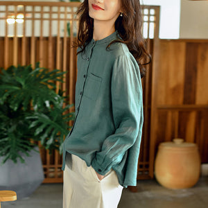 Áo sơ mi linen dài tay cổ đứng một màu túi vuông - NU6736
