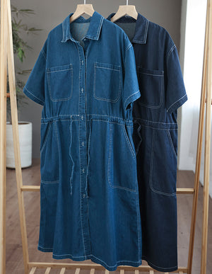 Đầm liền denim ngắn tay cổ đức hai túi vuông cột dây - NU8586