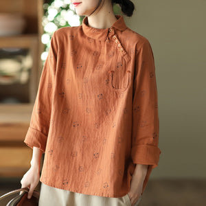 Áo sơ mi linen dài tay cổ pipi in hình ngộ nghĩnh - NU8257
