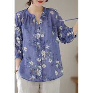 Áo sơ mi linen tay lửng cổ tròn cột dây in hoa lá - NU8533
