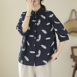 Áo sơ mi linen tay lửng cổ đức thêu retro in lông vũ - NU8568