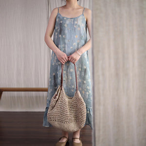 Đầm liền linen hai dây in hoa lá tùng xòe - NU7126
