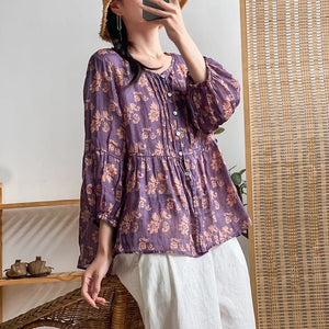 Áo sơ mi linen tay lửng cổ tròn xếp ly in hoa liti - NU7214