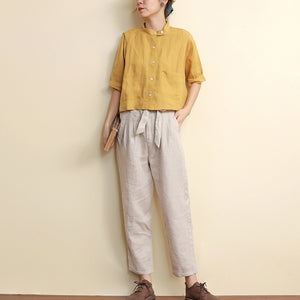 Áo sơ mi linen ngắn tay cổ đứng hai túi vuông  - NU7418