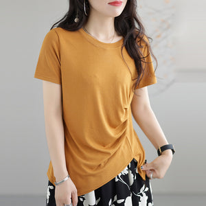 Áo T-shirt ngắn tay cổ tròn vạt chéo xếp ly - NU8347