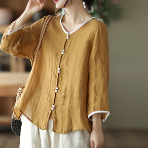 Áo sơ mi linen tay lửng cổ tròn bo viền khuy đôi - NU7408