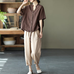 Áo sơ mi linen ngắn tay cổ đứng dây rút vạt áo - NU7016