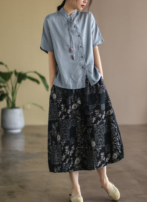 Áo sơ mi linen ngắn tay cổ đứng khuy tròn cài lệch - NU6918