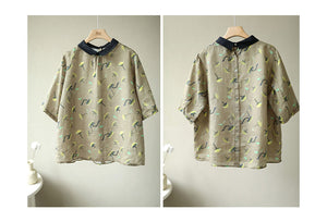 Áo sơ mi linen ngắn tay cổ pipi in hoa cúc khuy sau - NU5992
