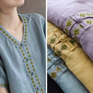 Áo sơ mi linen ngắn tay cổ V khuy tròn hoa văn thổ cẩm - NU6965