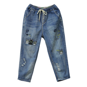 Quần baggy denim thêu mèo và lá cây - NU2449 - kamaka.vn - thời trang nhật