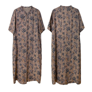 Đầm liền linen ngắn tay cổ V xếp ly khuy tròn in hoa lá - NU8437