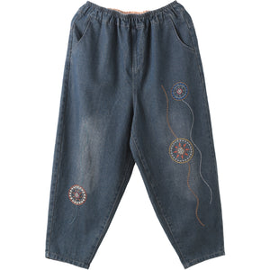 Quần baggy denim lưng thun thêu vòng tròn trừu tượng - NU7787