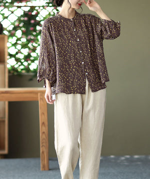 Áo sơ mi linen tay lửng cổ đứng in hoa văn - NU6920