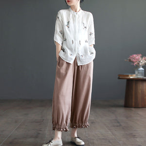 Áo sơ mi linen ngắn tay cổ đứng thêu hoa lá đối xứng hai bên - NU8531