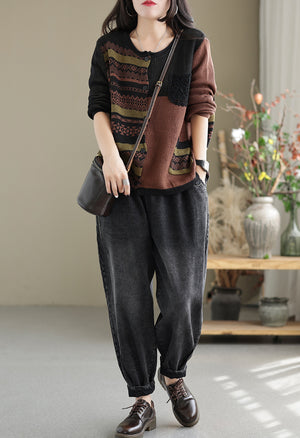 Áo khoác len cashmere dài tay cổ tròn hoa văn trừu tượng hai túi - NU7767