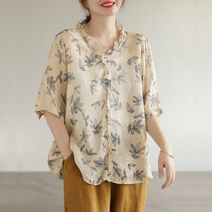 Áo sơ mi linen ngắn tay cổ V đính bèo in hoa lá - NU7300