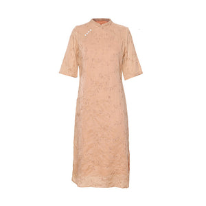 Đầm liền linen ngắn tay cổ đứng khuy lệch thêu hoa lá - NU8372