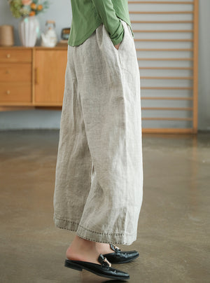 Quần baggy linen lưng thun ống rộng may chỉ nổi - NU7694