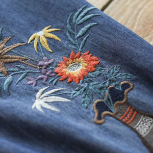 Quần baggy lửng denim lưng thun thêu bình cắm hoa - NU8563