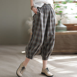 Quần baggy linen lưng thun kẻ sọc caro ống túm một túi sau - NU7423