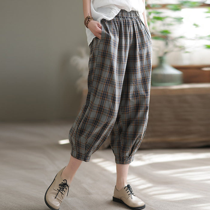 Quần baggy linen lưng thun kẻ sọc caro ống túm một túi sau - NU7423