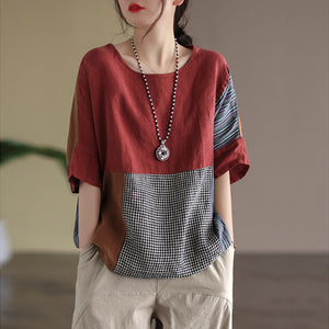 Áo T-shirt linen ngắn tay cổ tròn chắp vá mảng màu caro - NU7274