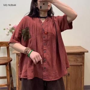 Áo sơ mi linen ngắn tay cổ V một túi in hoa lá - NU8643
