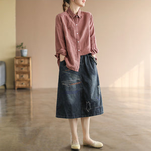 Chân váy denim lưng thun thêu hai chú mèo - V005