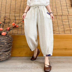 Quần baggy linen lưng thun dây rút ống túm phối vải màu - NU7154