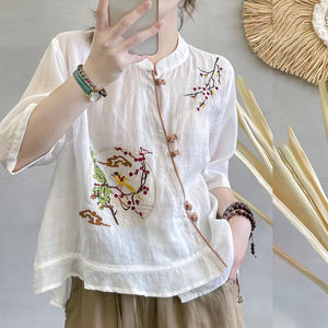 Áo sơ mi linen ngắn tay cổ tàu khuy tròn thêu chim phượng hoàng - NU7172