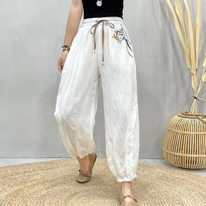 Quần baggy linen lưng thun thêu hoa hoa lá ống túm - NU8455