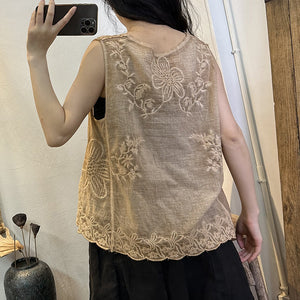 Áo T-shirt linen sát nách cổ tròn thêu hoa lá đơn sắc - NU8574