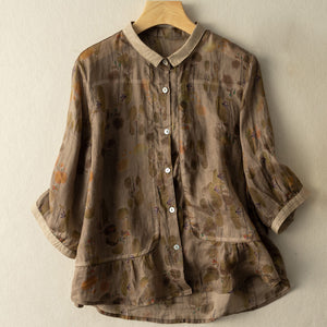 Áo sơ mi linen ngắn tay cổ pipi in hoa lá tà kiểu xòe - NU7557
