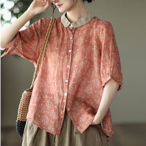 Áo sơ mi linen ngắn tay cổ pipi phối màu in những nhành cây - NU7506
